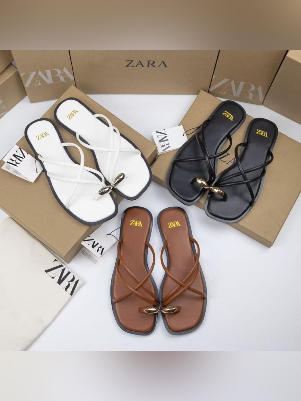 ZARA Strappy Toe-Ring Sandals in White, Black & Brown